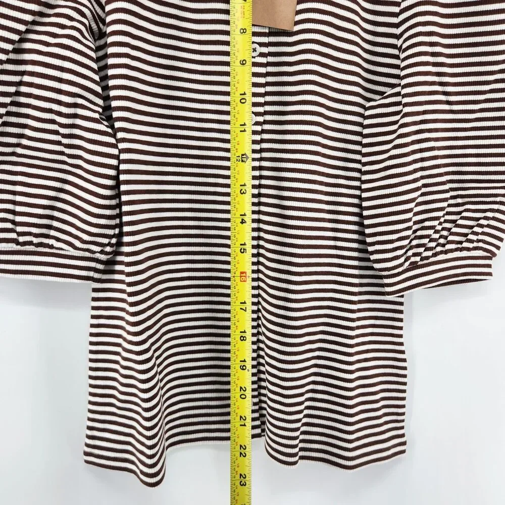 Boden Women's Size US 10‎ Potting Soil Ivory Stripe Ribbed Puff Sleeve Top NWT